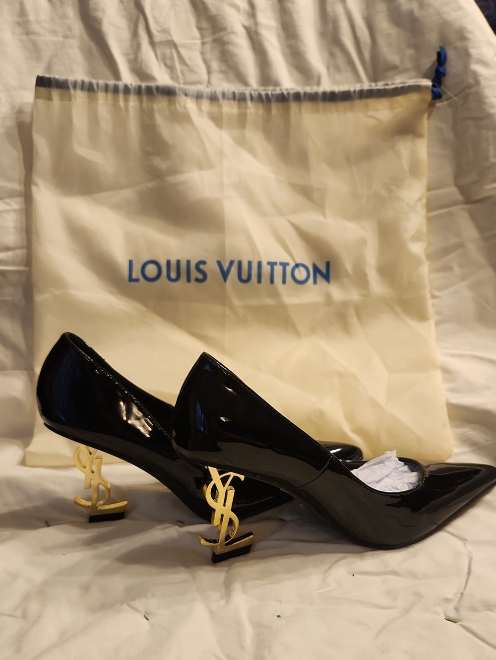 Louis Vuitton Black Patent Leather Pumps with Gold LV Logo Heels